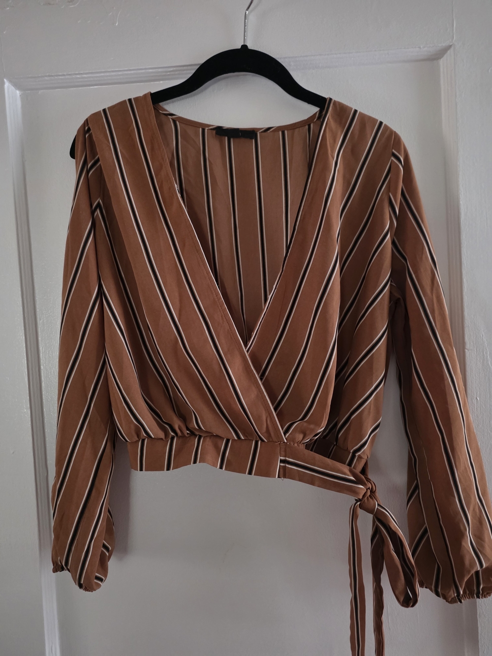 Striped Light Brown Wrap Blouse with Side Tie